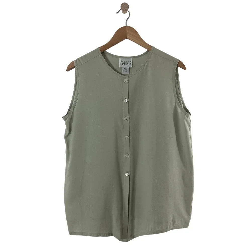 Eileen Fisher Sage Green 100% Silk Ribbed Sleeveless Button Down Top Size 1